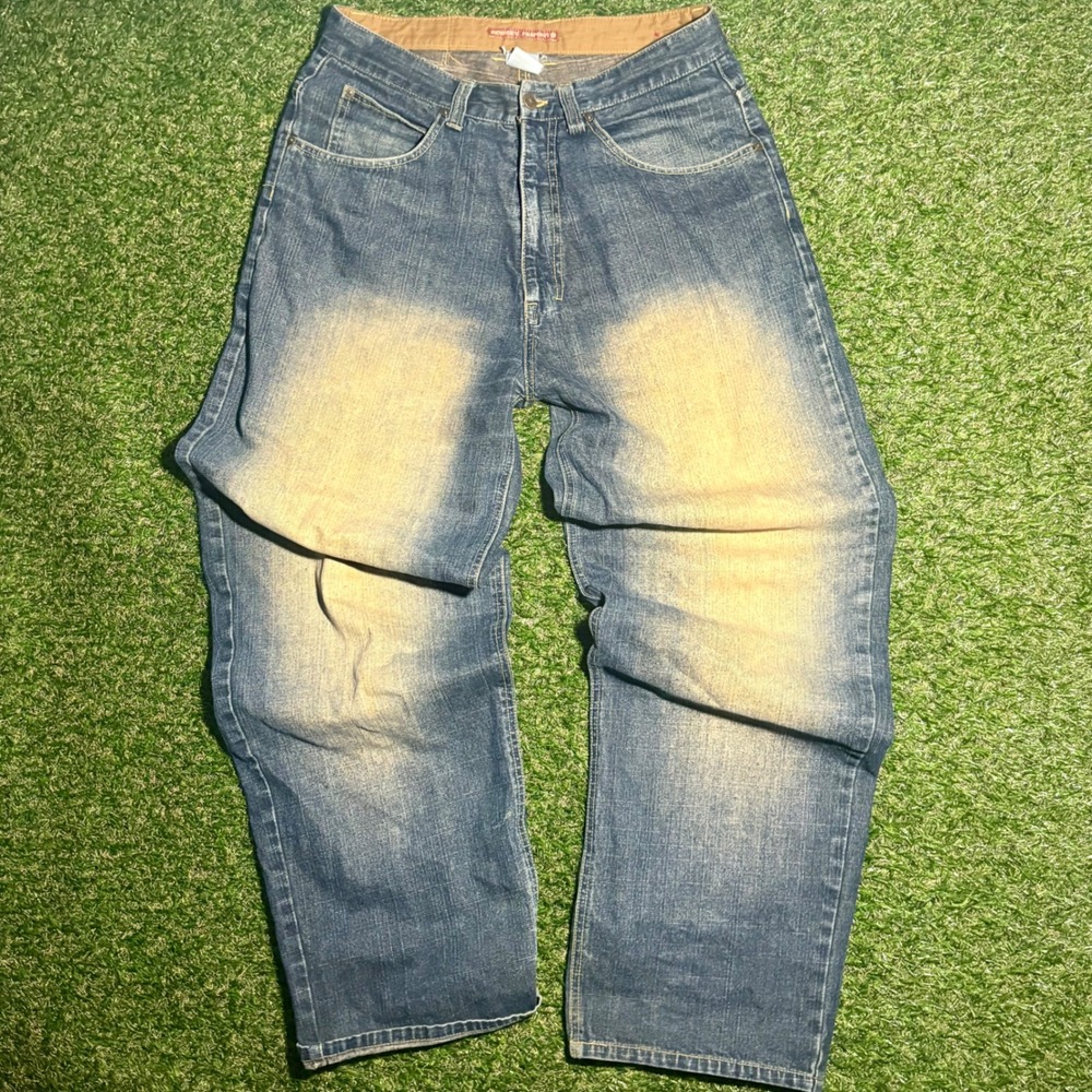 Members Property Baggy Denim Jeans Mens W32 Blue Sandblasted Fade Y2K Streetwear
